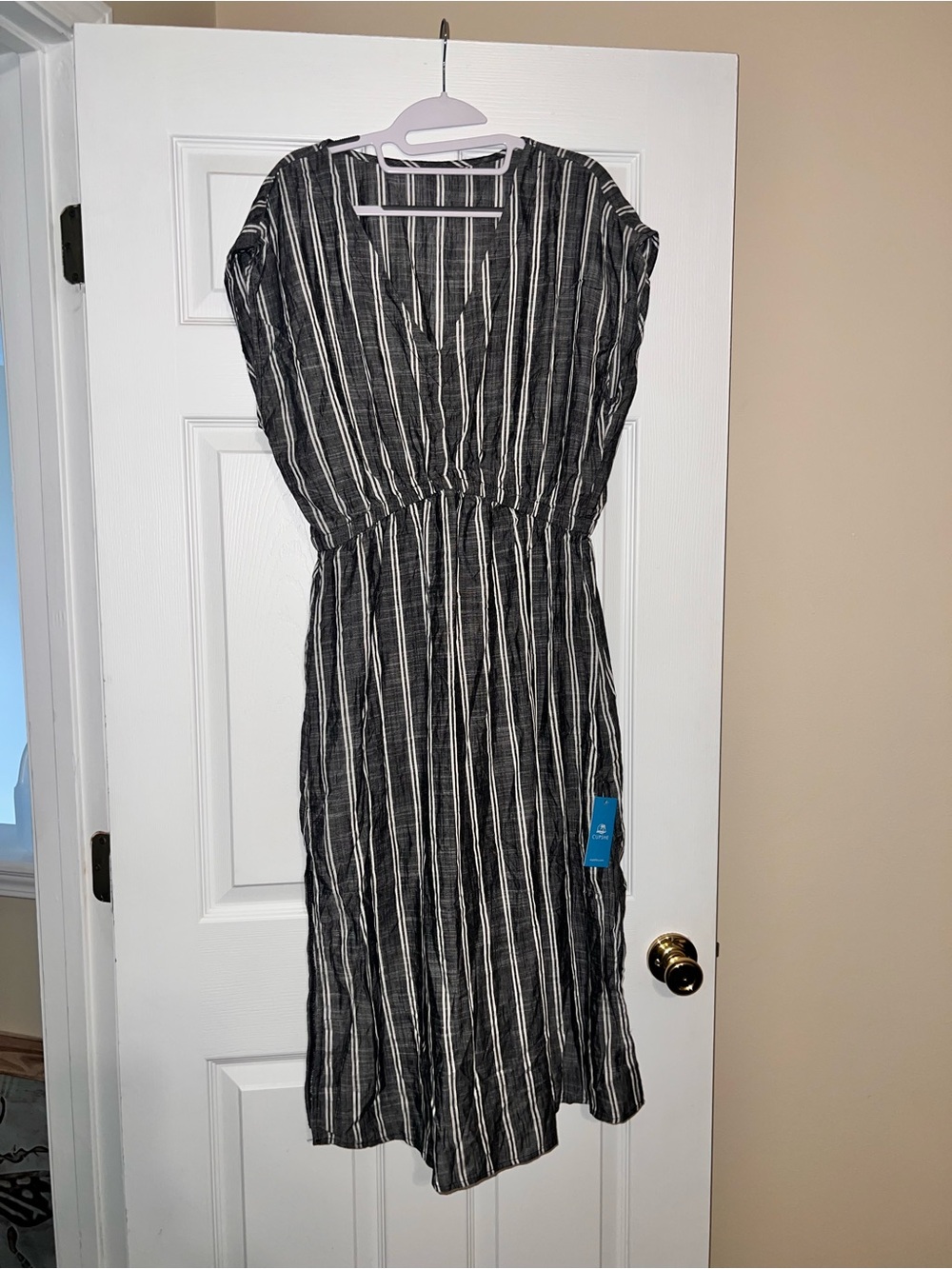 Gray & White Striped Women’s Dress - Classic V-Neck Waist-Defined
